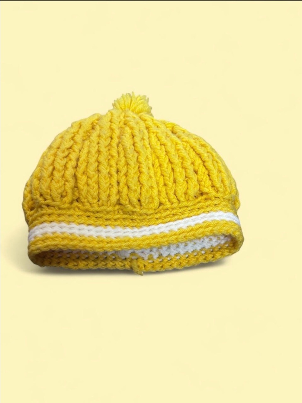 Cozy Yellow Knit Pom Hat for Kids with White Stripe